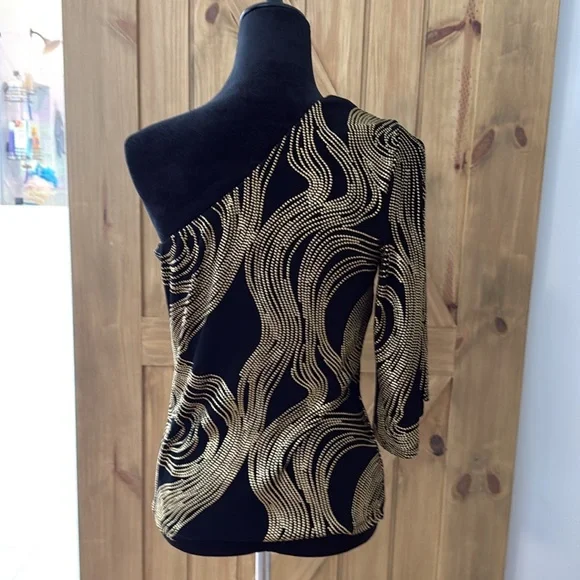 Cache One-Shoulder Black and Gold Top - Picture 2 of 3